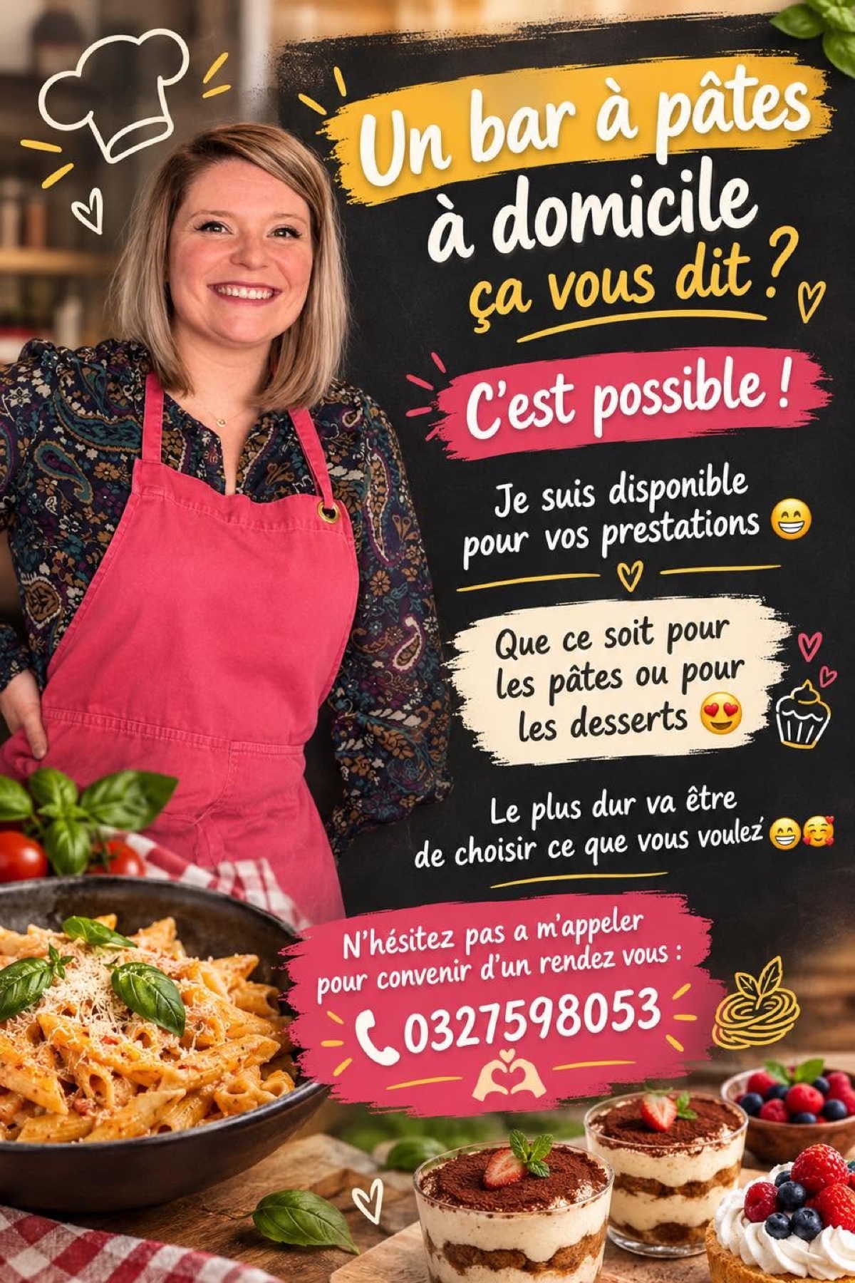 Marion, du Bar à pâtes de Maubeuge, propose des prestations à domicile